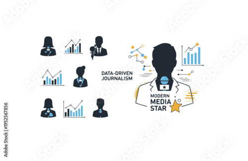 European Television Reporter with Microphone Silhouette, Data Driven Journalism Vector Sticker, Modern Media Star Broadcast Icon