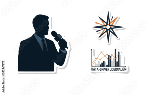 European Television Reporter with Microphone Silhouette, Data Driven Journalism Vector Sticker, Modern Media Star Broadcast Icon