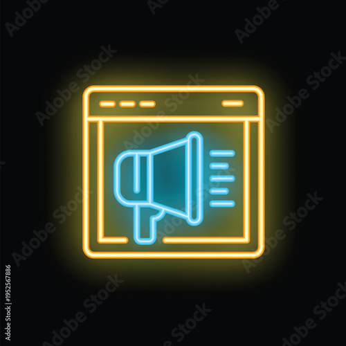 Neon icon of a megaphone on a website is ideal for topics like online marketing