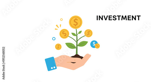 Long term financial investment growth concept showing a hand holding a plant that is growing various gold dollar coins.