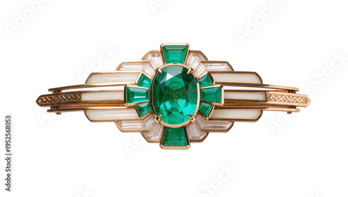 Konstfotografi Isolated exquisite Art Deco style emerald and diamond brooch, elegant luxurious