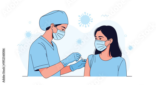 Medical vaccination procedure with a nurse in a scrub suit giving an immunization shot to a patient wearing a face mask.