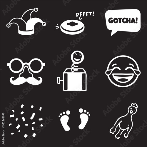 April Fools' Day Prank and Joke Icon Set - Funny Humor and Comedy Symbols