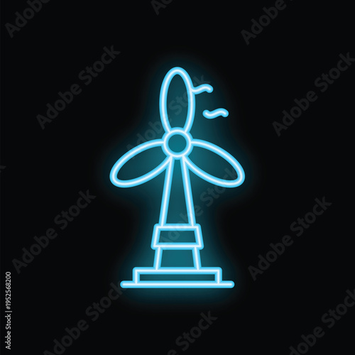 Blue neon icon of a wind turbine generating electricity from wind power