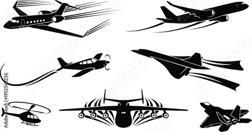 A collection of diverse aircraft silhouettes representing air travel speed and modern aviation