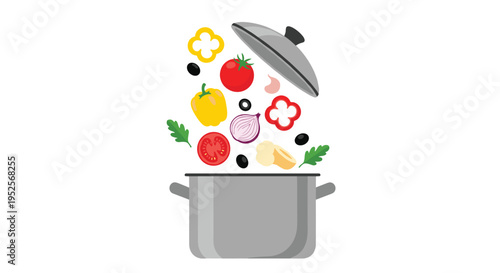 Healthy cooking and meal preparation concept featuring various fresh vegetables falling into a large stainless steel pot.