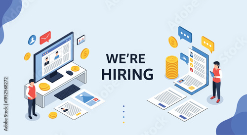 Recruitment and hiring process concept with job candidates and resumes being reviewed on a computer screen and on paper.