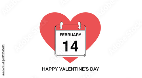 Valentine Day calendar reminder for February 14th with a large red heart background to celebrate love and relationships.