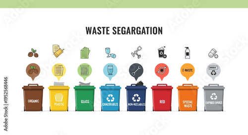 Waste Segregation and Recycling Bins Infographic Set for Environmental Sorting and Management