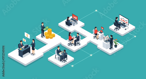 Isometric Business Teamwork and Corporate Workflow Illustration showing Interconnected Departments, Financial Management, and Digital Office Collaboration