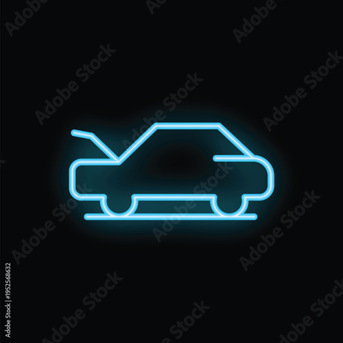 Blue glowing neon icon representing a car with its trunk open
