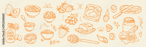 Hand Drawn Healthy Breakfast Food Doodles Set with Avocado, Granola Bowl, Strawberries, Toast, Butter, Honey and Maple Syrup Natural Ingredients Collection.