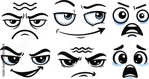 Collection of diverse illustrated cartoon facial expressions showing various emotions and moods isolated on a clean surface
