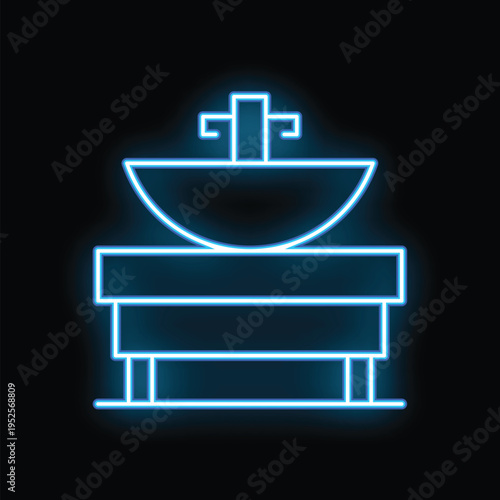 Glowing neon line washbasin water tap icon isolated on black background washbasin basin with faucet and water drop outline concept illustration. Vector