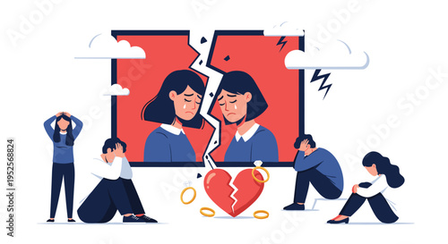 Emotional divorce and breakup concept featuring broken heart symbol with wedding rings and sad people experiencing grief or relationship issues.