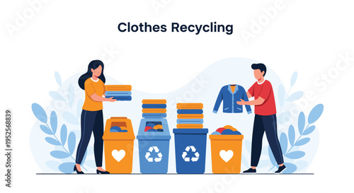 People sorting and donating old garments for clothes recycling and charity using colorful bins with recycle symbols and stacks of folded items.