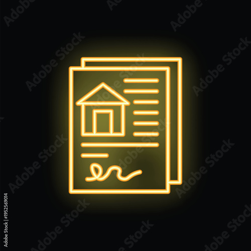 Yellow neon icon of documents for buying or renting house agreement is glowing on a black background