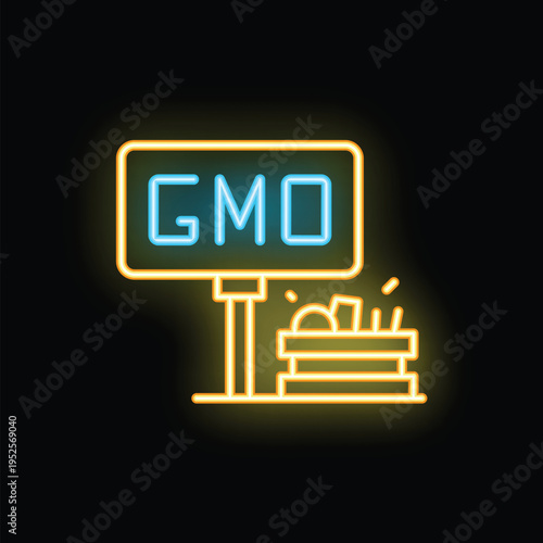 Neon sign depicting a gmo sign in front of a crate full of vegetables, concept for genetically modified food