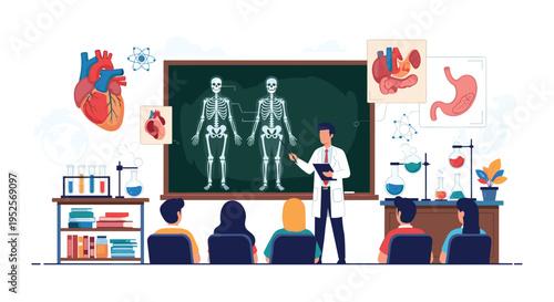 Medical education concept showing doctor in lab coat teaching students about human anatomy and organ systems using diagrams on class blackboard.
