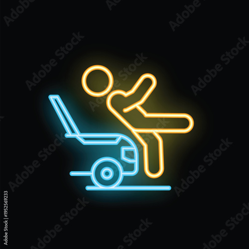Neon sign representing a man falling from a lawnmower, illustrating an accident while gardening and highlighting the dangers of this activity