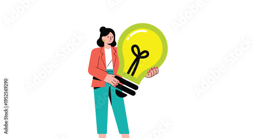 A flat-design illustration features a woman in business casual attire holding a large, glowing yellow lightbulb, symbolizing ideas and innovation.