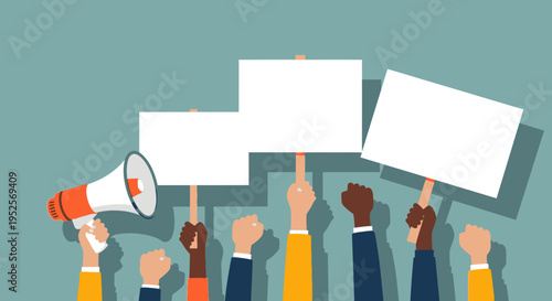 Diverse People Hands Holding Blank Placards and Megaphone for Social Movement, Protest, and Activism Concept Illustration