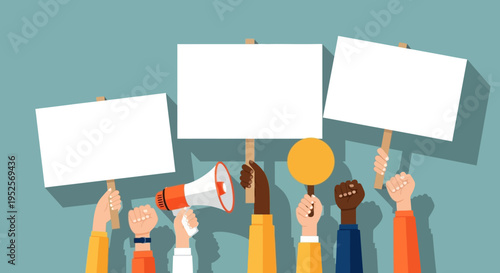 Group of Diverse Hands Holding Blank Protest Placards and Megaphone - Activism and Social Justice Illustration for Community Messages and Human Rights Campaigns