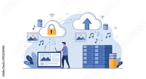 Professional cloud data storage and security concept showing man working on laptop with server racks and icons for uploading media to cloud.