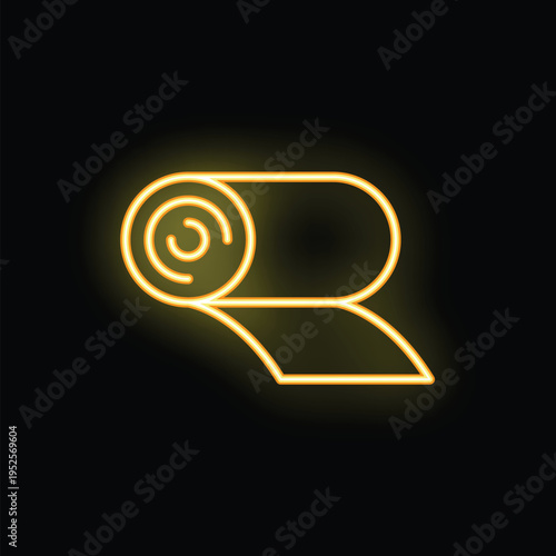 Yellow neon sign depicting a rolled material, possibly a carpet, yoga mat, linoleum, or fabric, glowing brightly against a dark background