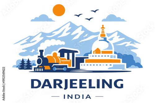 Darjeeling Skyline Flat Vector Toy Train Himalaya India Travel Landmark Illustration