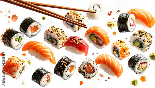 Assortment of Japanese sushi rolls and nigiri with chopsticks, on a black background