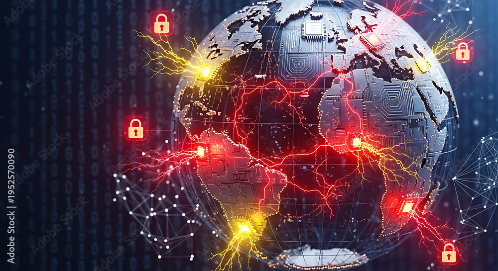 Fototapeta premium Global Cybersecurity Risk and International Digital Infrastructure Threat Featuring a Cracking Earth World Map with Glowing Blue Binary Code and Holographic Data Security Breach Visualization