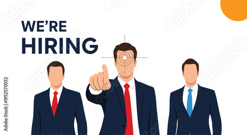 Business recruitment and hiring concept with three professional men in suits and target symbol over candidate face for employee search ad.