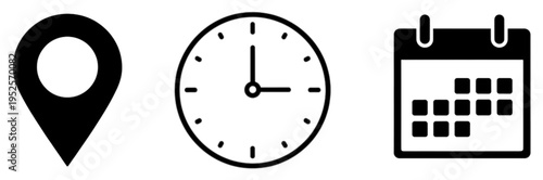 date time location notification icon set. Address, time, calendar bell notification icons collection. Clock, Address location and date Calendar symbol