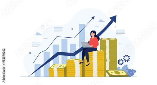 Successful business growth and investment concept showing woman sitting on stacks of gold coins using laptop with rising financial chart arrow.