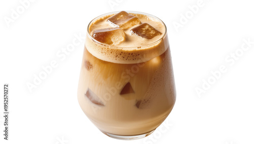Canvastavla Isolated Iced latte coffee drink in glass with ice cubes and foam, refreshing co