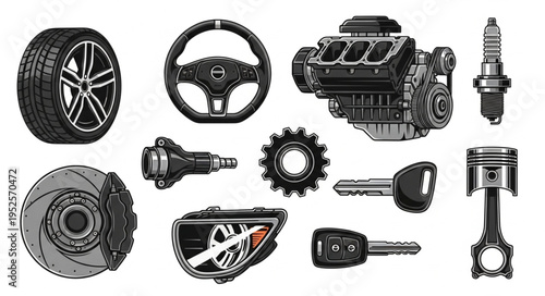 Detailed Car Parts Illustration - Engine, Wheel, Steering Wheel, and More.