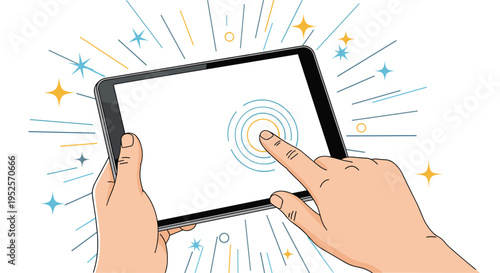 Close up view of hands holding digital tablet with finger touching screen showing interaction with glowing rays and stars on white background.