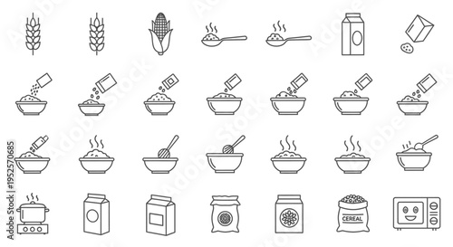 cereal preparation and cooking line icons illustrating various breakfast food steps for packaging recipes or health guides.