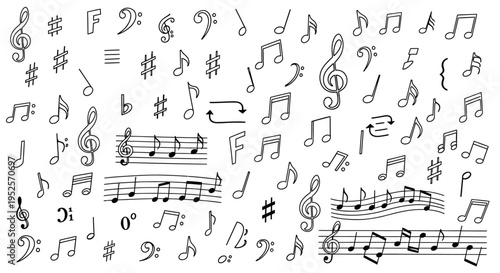 abstract pattern of various music notes clefs and symbols depicting the essence of musical theory and composition.