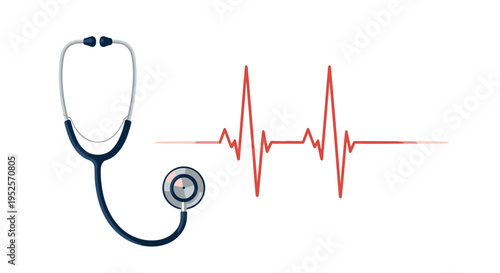 Professional medical stethoscope with red heart rate pulse line representation on white background for healthcare or cardiology diagnostics.