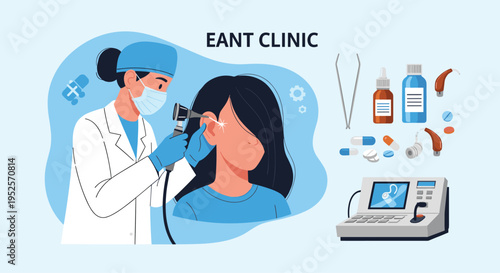 Professional ear nose and throat clinic concept with doctor examining female patient using otoscope and various medical diagnostic tools.