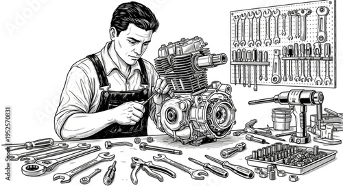 Detailed Illustration of a Mechanic Working on an Engine.