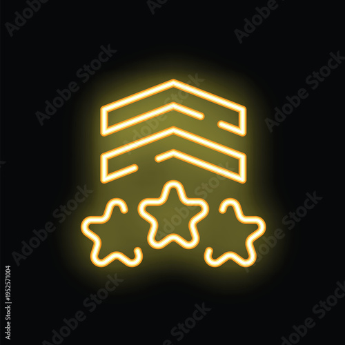 Yellow neon icon of military insignia with three stars glowing on a black background