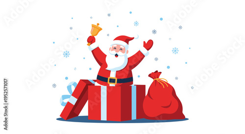 Cheerful santa claus popping out of large red christmas gift box ringing golden bell with sack of presents in snowy winter holiday scene.