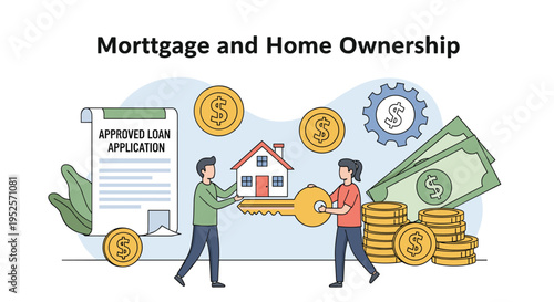 Real estate mortgage and home ownership concept with couple holding model house and golden key near approved loan document and money stacks.