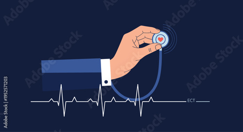 Medical professional hand holding stethoscope with heart icon over cardiology pulse line diagram on dark blue background for health concepts.