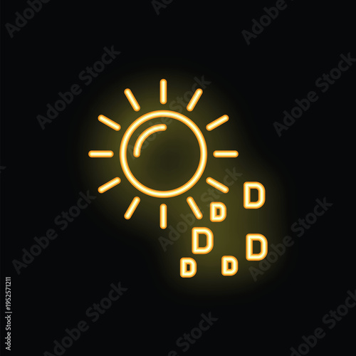 Neon sign illustrating a sun shining with vitamin d droplets, promoting the benefits of sun exposure for health and well being