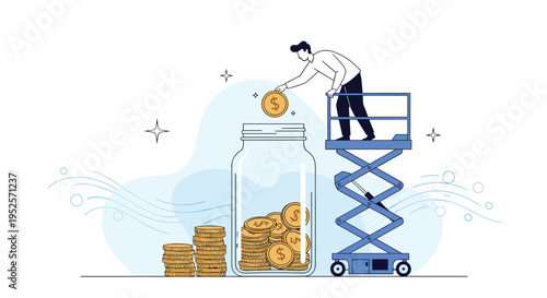 Creative financial saving concept with man on scissor lift platform putting gold coin into large glass jar alongside stacks of paper money.