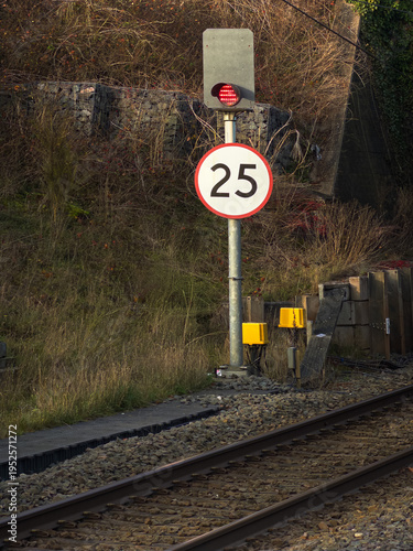 25MPH speed limit sign on electrified railway, Worcestershire Englang, UK